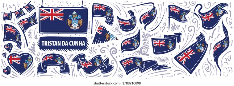 Vector set of the national flag of Tristan da Cunha in various creative designs