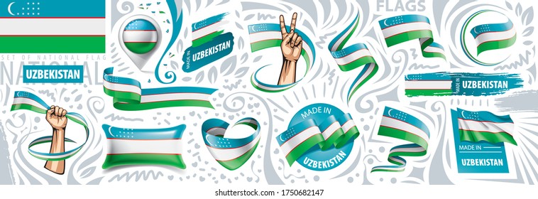 Vector set of the national flag of Uzbekistan in various creative designs