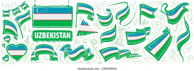 Vector set of the national flag of Uzbekistan in various creative designs