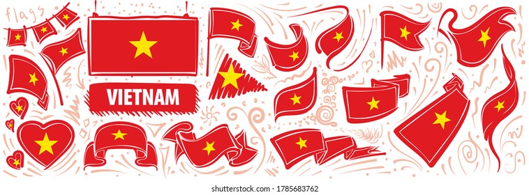 Conjunto de vectores de la bandera nacional de Vietnam en varios diseños creativos