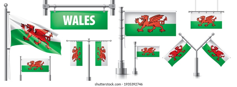 Conjunto de vectores de la bandera nacional de Gales en varios diseños creativos