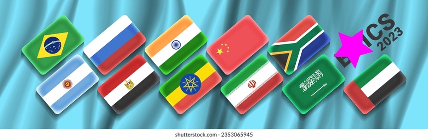 Vector set of national flags of the BRICS organization in 2023. Brazil, Russia, India, China, South Africa and six new members. Wavy background.