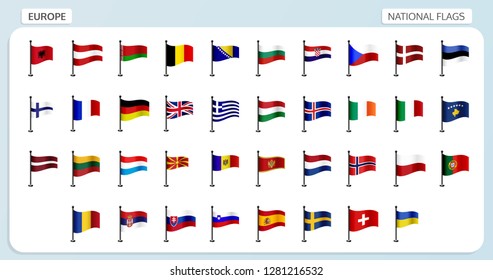 Vector set of national flags of Europe in flagpole design