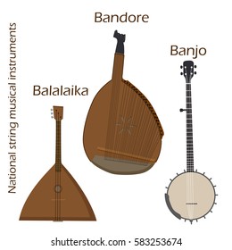 Vector set of National string musical instruments balalaika, bandore and banjo