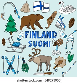 vector set of national symbols of Finland. Bear, deer, skiing, flag, sauna, fishing, clothing and musical instruments. Volume lettering Suomi, Finland.