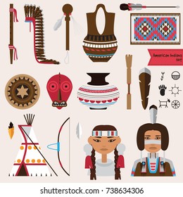 Vector set with native american indians houseware objects, music instruments and accessories. Pottery, rugs, tepee, false face mask and more