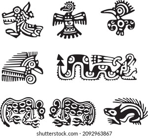 Vector set of Native American symbols, Aztec, Maya, Inca. figurines of Native American tribes.
