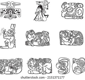 Vector set of Native American symbols, Aztec, Maya, Inca. figurines of Native American tribes.