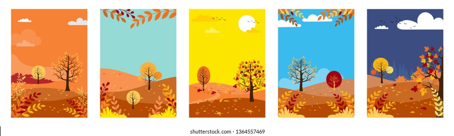 Vector set of natural background with copy space for text,Autumn panorama lanscape forest and hills with maples leaves falling from tree, Collections for banner, poster, design templates and wallpaper