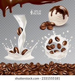 Vector set of natural coffee beans, arabica. Realistic splash of fresh milk or yogurt. Flavored ice cream with chocolate topping. Set of 3d illustrations of food. Coffee texture