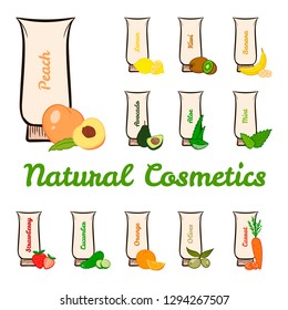 Vector set of natural cosmetics ingredients. Fruits, vegetables and plants