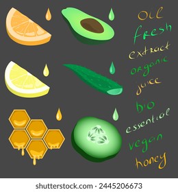 Vector set of natural cosmetics ingredients. Вrops of oil, extracts from orange, lemon, avocado, aloe, honey, cucumber.