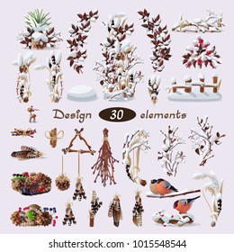 vector Set natural design ecostyle compositions (feathers, berries, dry grass, sticks, twigs, branches, foliage, bushes, haw) Wild winter handdrawn christmas, xmas, new year, snowy, clipart collection