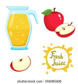 Vector set of natural fresh aplle juice in jar and red apples isolated on white in cartoon style. Healthy organic fruit beverage.