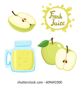 Vector set of natural fresh aplle juice in bank and green apples isolated on white in cartoon style. Healthy organic fruit beverage.