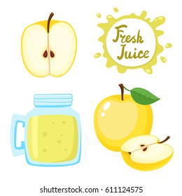 Vector set of natural fresh aplle juice in bank and yellow apples isolated on white in cartoon style. Healthy organic fruit beverage.
