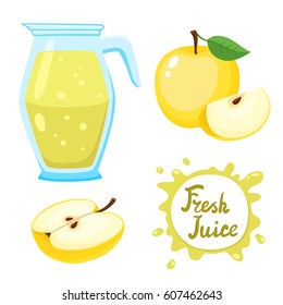 Vector set of natural fresh apple juice in jar and yellow apples isolated on white in cartoon style. Healthy organic fruit beverage.