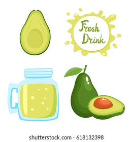 Vector set of natural fresh avocado smoothie in bank and avocado isolated on white in cartoon style. Healthy organic fruit drink and speech bubbles with handwritten lettering