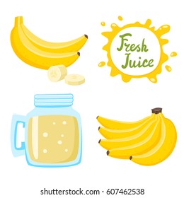 Vector set of natural fresh banana juice in bank and bananas isolated on white in cartoon style. Healthy organic fruit lemonade and speech bubbles with handwritten lettering