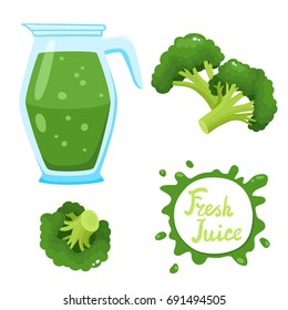 Vector set of natural fresh broccoli juice in jar and broccoli isolated on white. Healthy organic vegetable drink, smoothie for healthy life, diets and speech bubbles with handwritten lettering.