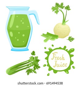 Vector set of natural fresh celery juice in jar and celeries isolated on white. Healthy organic vegetable drink, smoothie for healthy life, diets and speech bubbles with handwritten lettering.