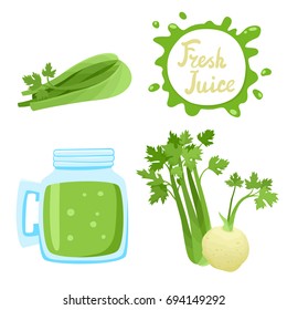 Vector set of natural fresh celery juice in bank and celeries isolated on white. Healthy organic vegetable drink, smoothie for healthy life, diets and speech bubbles with handwritten lettering.