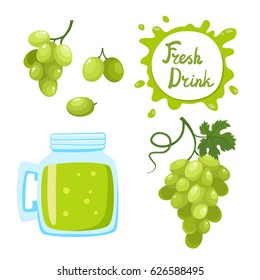 Vector set of natural fresh grapes juice in glass and grapes isolated on white. Healthy organic fruit drink, cocktail, lemonade for healthy life, diet and speech bubbles with handwritten lettering.