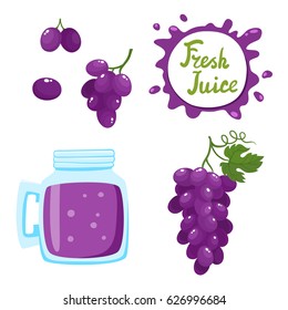 Vector set of natural fresh grapes juice  isolated on white. Healthy organic fruit drink and speech bubbles with handwritten lettering.