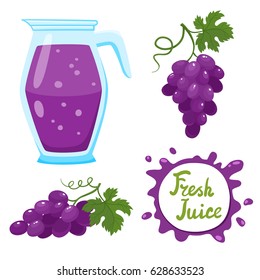 Vector set of natural fresh grapes jar in bank and grapes isolated on white. Healthy organic fruit drink, cocktail, lemonade for healthy life, diets and speech bubbles with handwritten lettering.