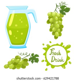 Vector set of natural fresh grapes juice in jar and grapes isolated on white. Healthy organic fruit drink, cocktail, lemonade for healthy life, diets and speech bubbles with handwritten lettering.