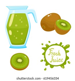 Vector set of natural fresh kiwi smoothie in jar and kiwi isolated on white in cartoon style. Healthy organic fruit drink and speech bubbles with handwritten lettering