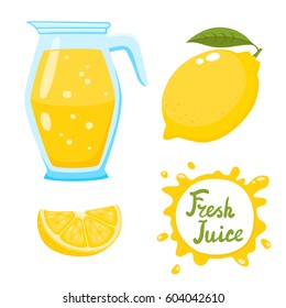 Vector set of natural fresh lemon juice in jar and lemons isolated on white in cartoon style. Healthy organic citrus lemonade and speech bubbles with handwritten lettering