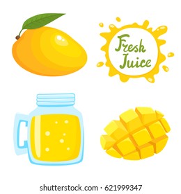 Vector set of natural fresh mango juice in bank and mango isolated on white in cartoon style. Healthy organic fruit drink and speech bubbles with handwritten lettering