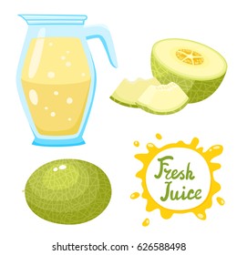 Vector set of natural fresh melons jar in pitcher and melons isolated on white. Healthy organic fruit drink, cocktail, lemonade for healthy life, diets and speech bubbles with handwritten lettering.