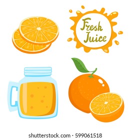 Vector set of natural fresh orange juice in bank and oranges isolated on white in cartoon style. Healthy organic citrus beverage.