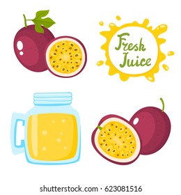 Conjunto vectorial de zumo natural de fruta fresca de la pasión en el banco y la pasión frutado en el blanco al estilo de las caricaturas. Bebida saludable de fruta orgánica y burbujas de habla con letras escritas a mano