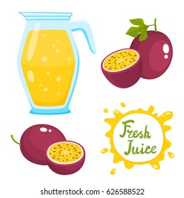 Conjunto vectorial de zumo natural de fruta fresca de la pasión en jarra y frutas de pasión aisladas en blanco al estilo de las caricaturas. Bebidas saludables de fruta orgánica y burbujas de habla con letras escritas a mano