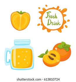 Vector set of natural fresh persimmon smoothie in bank and persimmon isolated on white in cartoon style. Healthy organic fruit drink and speech bubbles with handwritten lettering