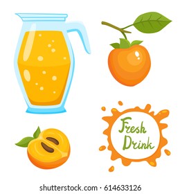 Vector set of natural fresh persimmon smoothie in jar and persimmon isolated on white in cartoon style. Healthy organic fruit drink and speech bubbles with handwritten lettering