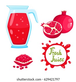 Vector set of natural fresh pomegranate juice in jar and fruits isolated on white. Healthy organic fruit drink, cocktail, lemonade for healthy life, diets and speech bubbles with lettering.