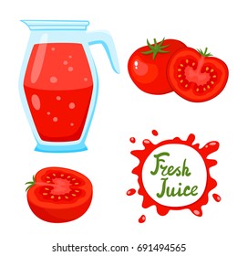 Vector set of natural fresh tomato juice in jar and tomatoes isolated on white. Healthy organic vegetable drink, smoothie for healthy life, diets and speech bubbles with handwritten lettering.
