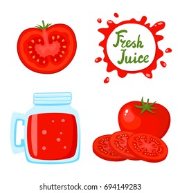 Vector set of natural fresh tomato juice in bank and tomatoes isolated on white. Healthy organic vegetable drink, smoothie for healthy life, diets and speech bubbles with handwritten lettering.