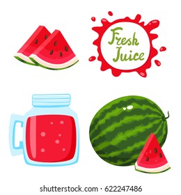 Vector set of natural fresh watermelon juice in bank and watermelons isolated on white in cartoon style. Healthy organic fruit drink and speech bubbles with handwritten lettering