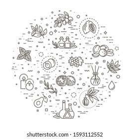 Vector set of natural ingredients and oils for cosmetics in linear style