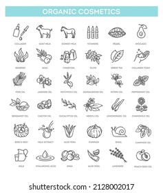 Vector set of natural ingredients and oils for cosmetics in linear style