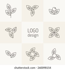 Vector set of natural logo design. Simple linear floral elements. Stylized leaves form modern logotypes with eco and bio direction. Contemporary graphic design. Minimalist linear style.