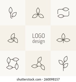 Vector set of natural logo design. Simple linear floral elements. Stylized leaves form modern logotypes with eco and bio direction. Contemporary graphic design. Minimalist linear style.