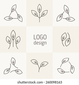 Vector set of natural logo design. Simple linear floral elements. Stylized leaves form modern logotypes with eco and bio direction. Contemporary graphic design.