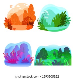Vector set of natural mini landscapes, of seasons banners. Nature backgrounds for website or mobile game.