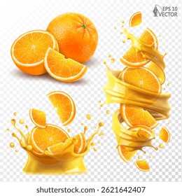 Vector set of natural oranges. Fresh citrus fruits. Transparent swirl of orange juice, splash. Realistic food illustrations, advertising and packaging design elements